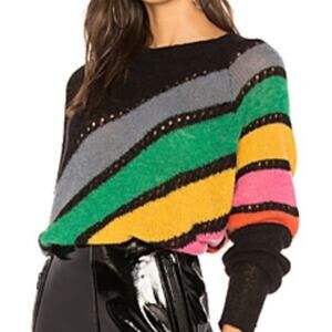 Wildfox Mirage Black Rainbow Striped Alpaca Wool Oversized Pullover Sweater - S